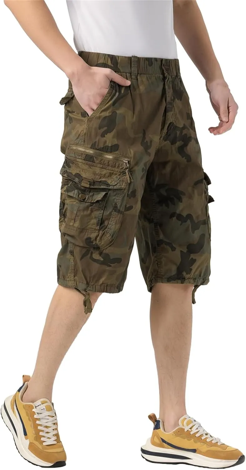Mens Elastic Waist Cargo Shorts Zipper Pocket Relaxed fit Stretch Lightweight Cotton Camo Cargo Shorts for Men