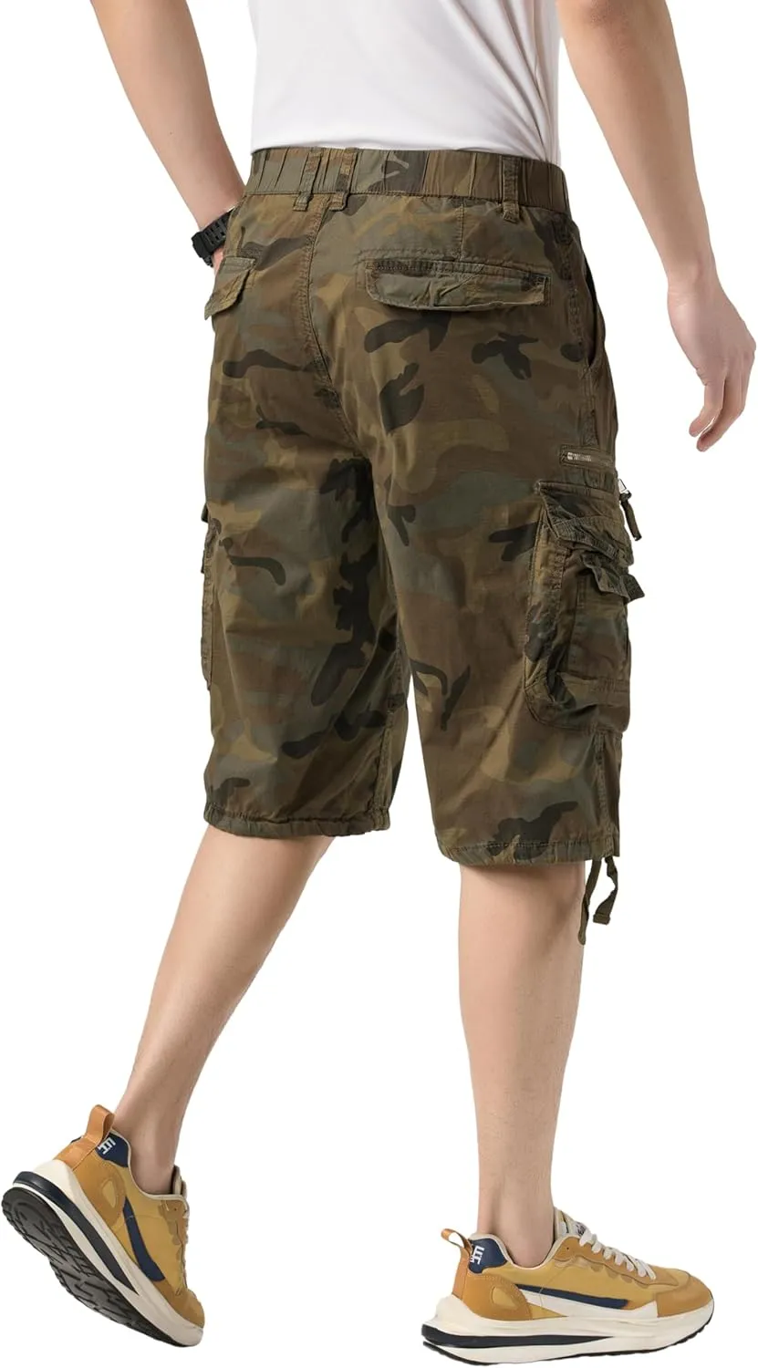Mens Elastic Waist Cargo Shorts Zipper Pocket Relaxed fit Stretch Lightweight Cotton Camo Cargo Shorts for Men