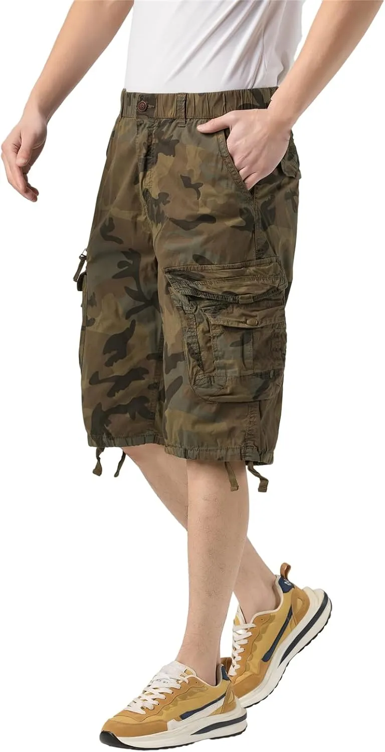 Mens Elastic Waist Cargo Shorts Zipper Pocket Relaxed fit Stretch Lightweight Cotton Camo Cargo Shorts for Men