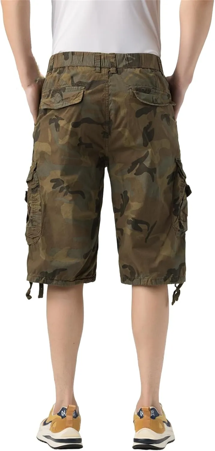 Mens Elastic Waist Cargo Shorts Zipper Pocket Relaxed fit Stretch Lightweight Cotton Camo Cargo Shorts for Men
