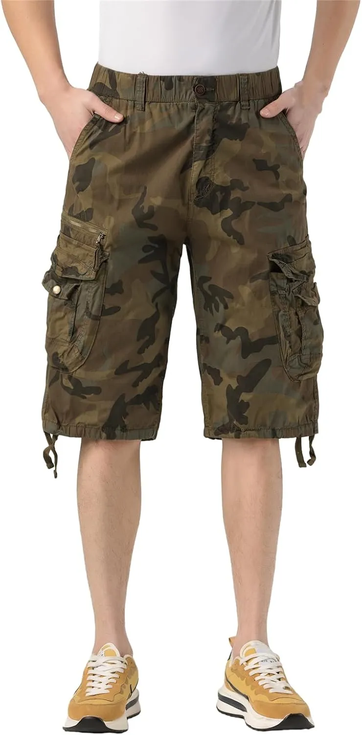 Mens Elastic Waist Cargo Shorts Zipper Pocket Relaxed fit Stretch Lightweight Cotton Camo Cargo Shorts for Men