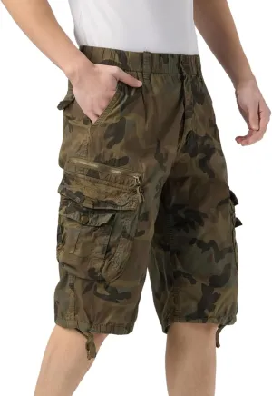 Mens Elastic Waist Cargo Shorts Zipper Pocket Relaxed fit Stretch Lightweight Cotton Camo Cargo Shorts for Men