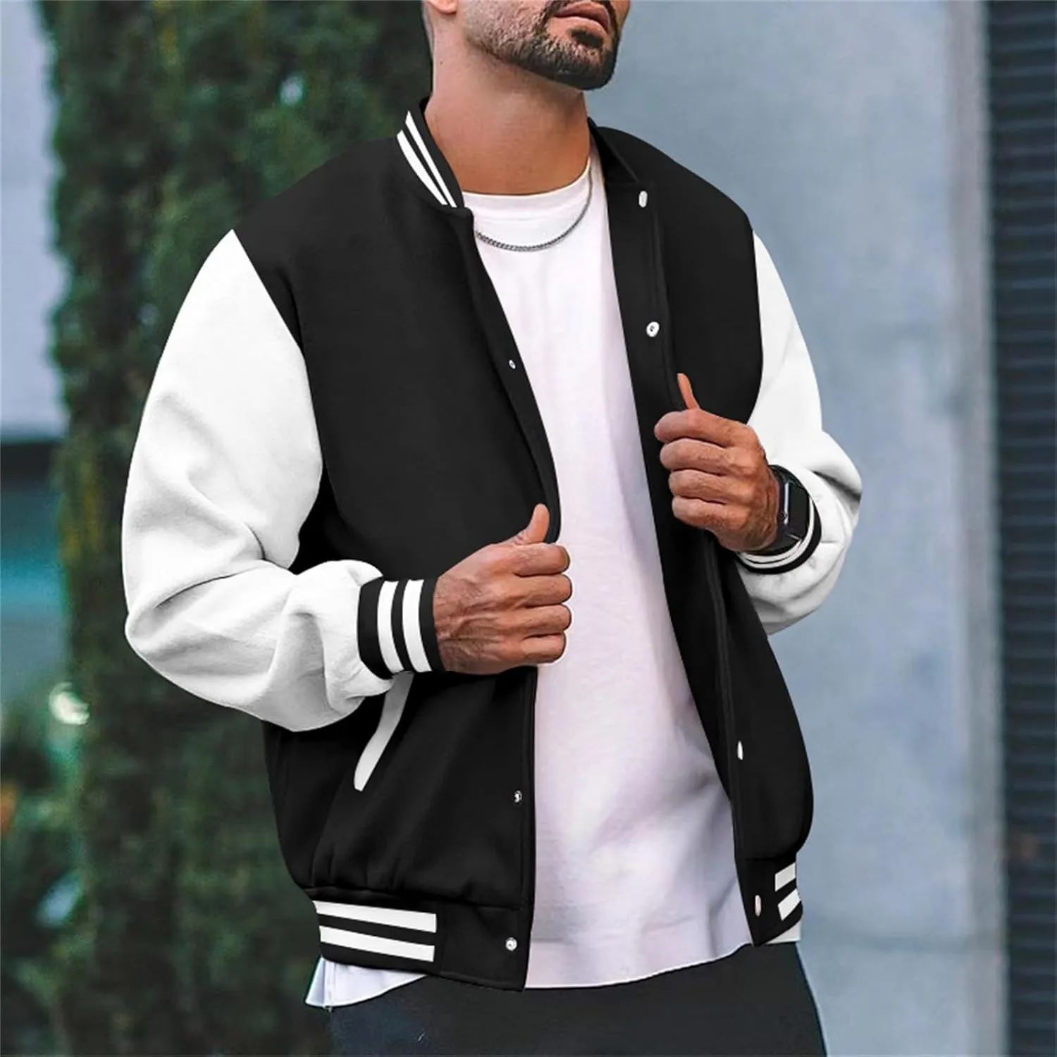 Mens Fashion Varsity Jackets Leather Sleeve Slim Fit College Baseball Letterman Bomber Coat Harajuku Vintage Tops