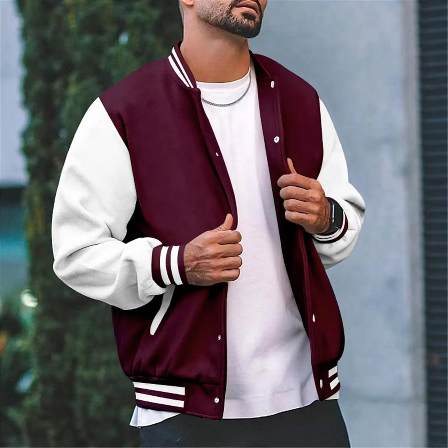 Mens Fashion Varsity Jackets Leather Sleeve Slim Fit College Baseball Letterman Bomber Coat Harajuku Vintage Tops