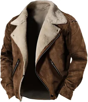 Men's Fleece Jacket Suede Faux Fur Collar Jacket Sherpa Lined Lapel Coat Heavyweight Leisure Winter Coat Outwear