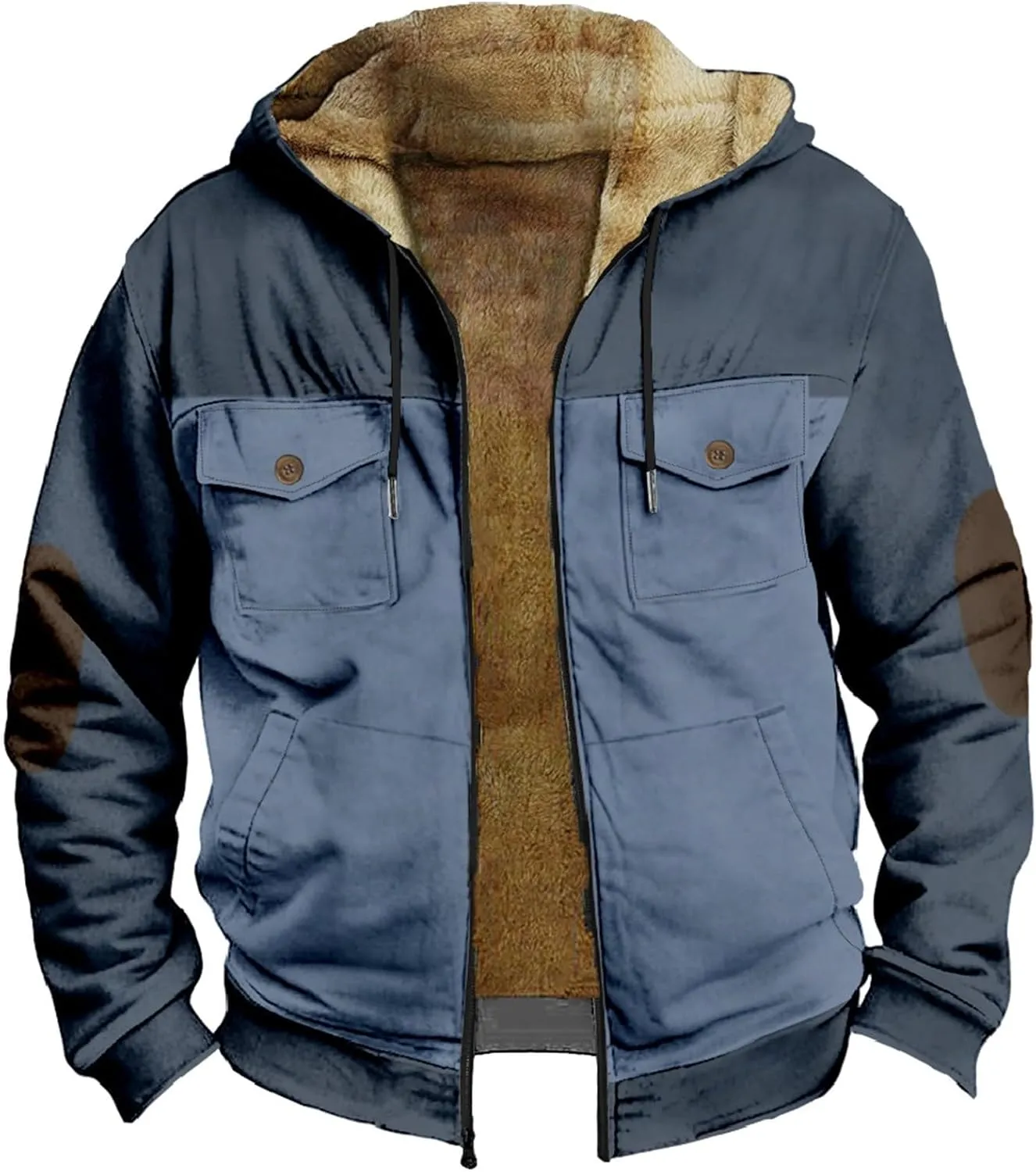 Men's Fleece Lined Winter Hooded Jackets Patchwork Long Sleeve Hoodies Sherpa Warm Thicken Coats Outwear with Pockets
