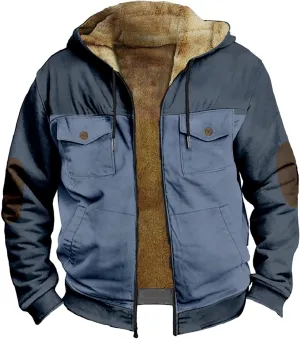 Men's Fleece Lined Winter Hooded Jackets Patchwork Long Sleeve Hoodies Sherpa Warm Thicken Coats Outwear with Pockets