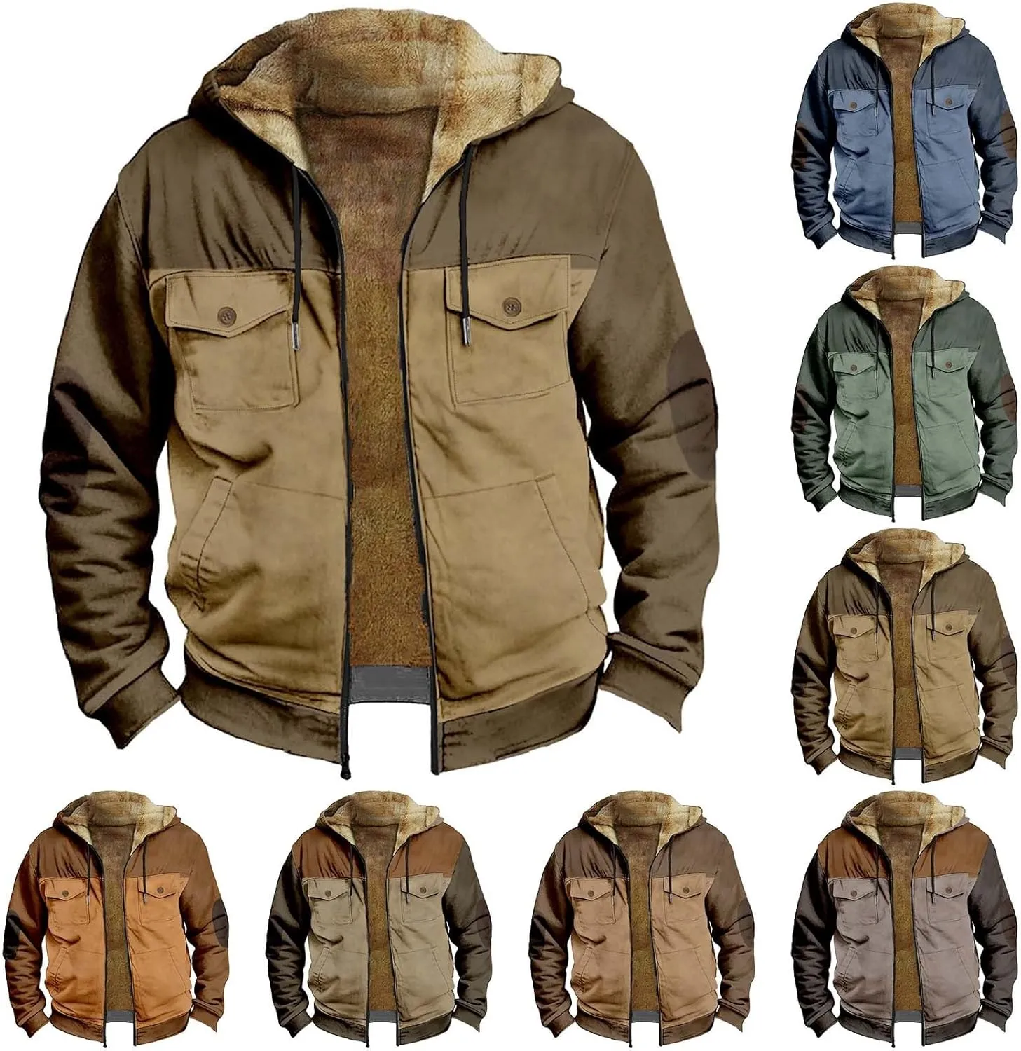 Men's Fleece Lined Winter Hooded Jackets Patchwork Long Sleeve Hoodies Sherpa Warm Thicken Coats Outwear with Pockets