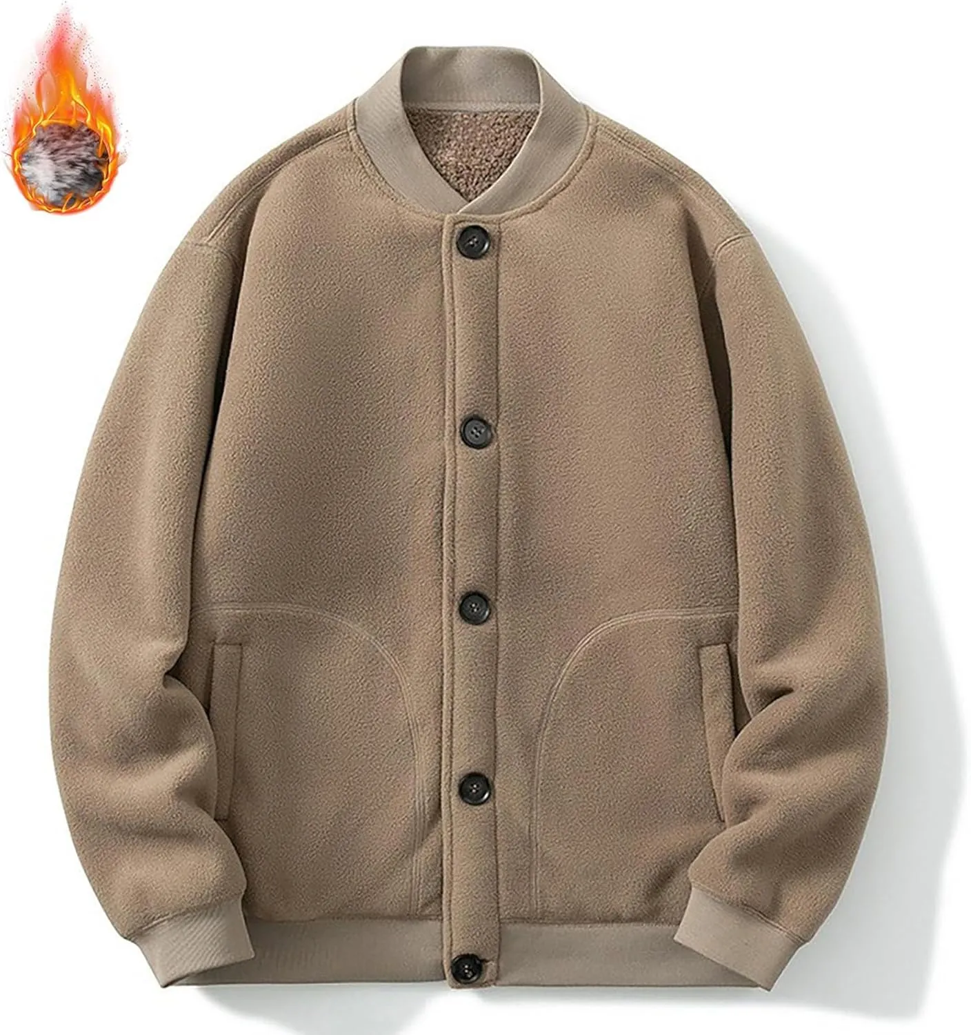 Mens Fleece Varsity Jackets Casual Winter Sherpa Lined Button Down Bomber Jackets College Baseball Coats Outwear