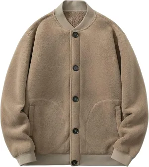 Mens Fleece Varsity Jackets Casual Winter Sherpa Lined Button Down Bomber Jackets College Baseball Coats Outwear