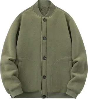 Mens Fleece Varsity Jackets Casual Winter Sherpa Lined Button Down Bomber Jackets College Baseball Coats Outwear