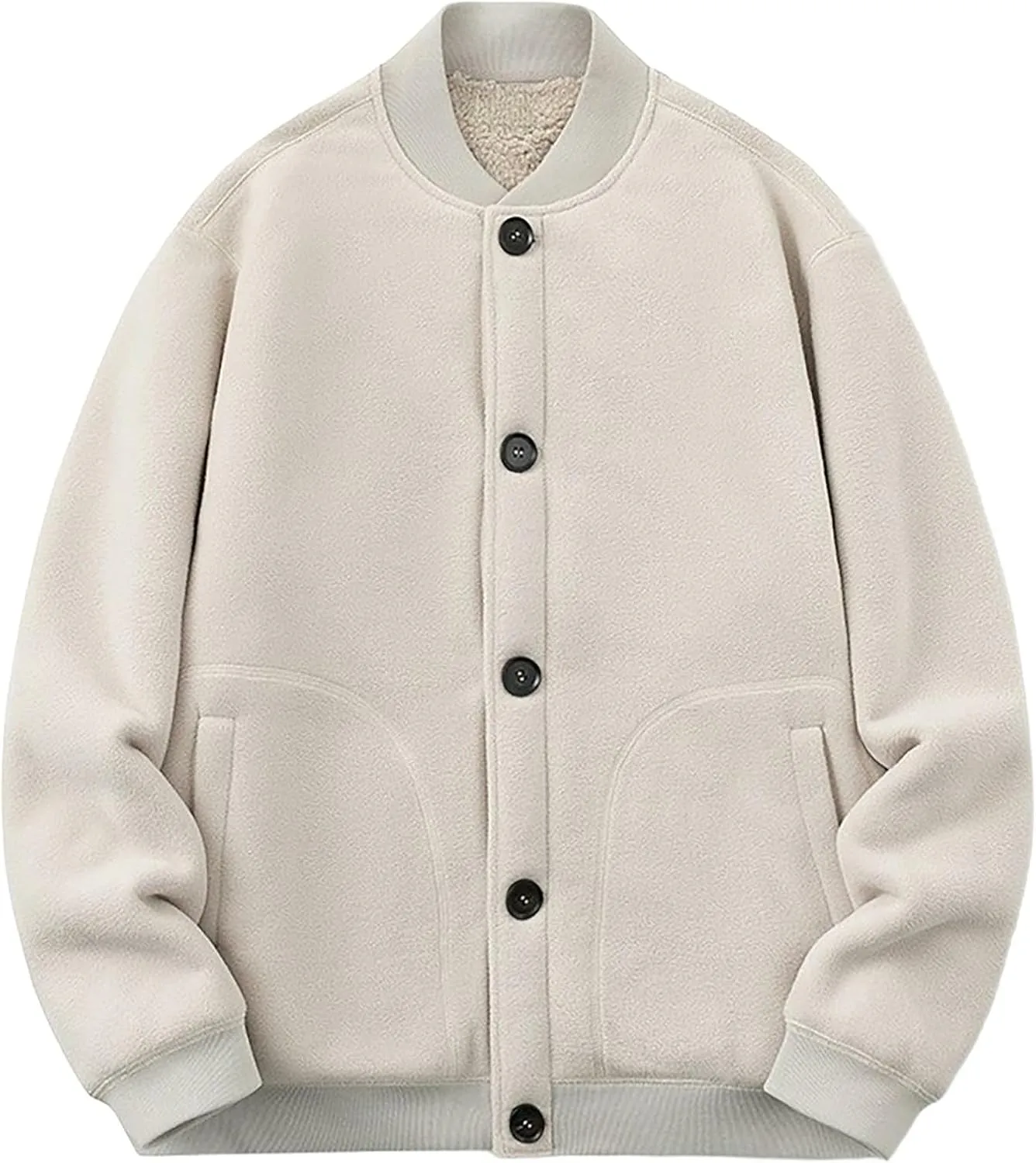 Mens Fleece Varsity Jackets Casual Winter Sherpa Lined Button Down Bomber Jackets College Baseball Coats Outwear