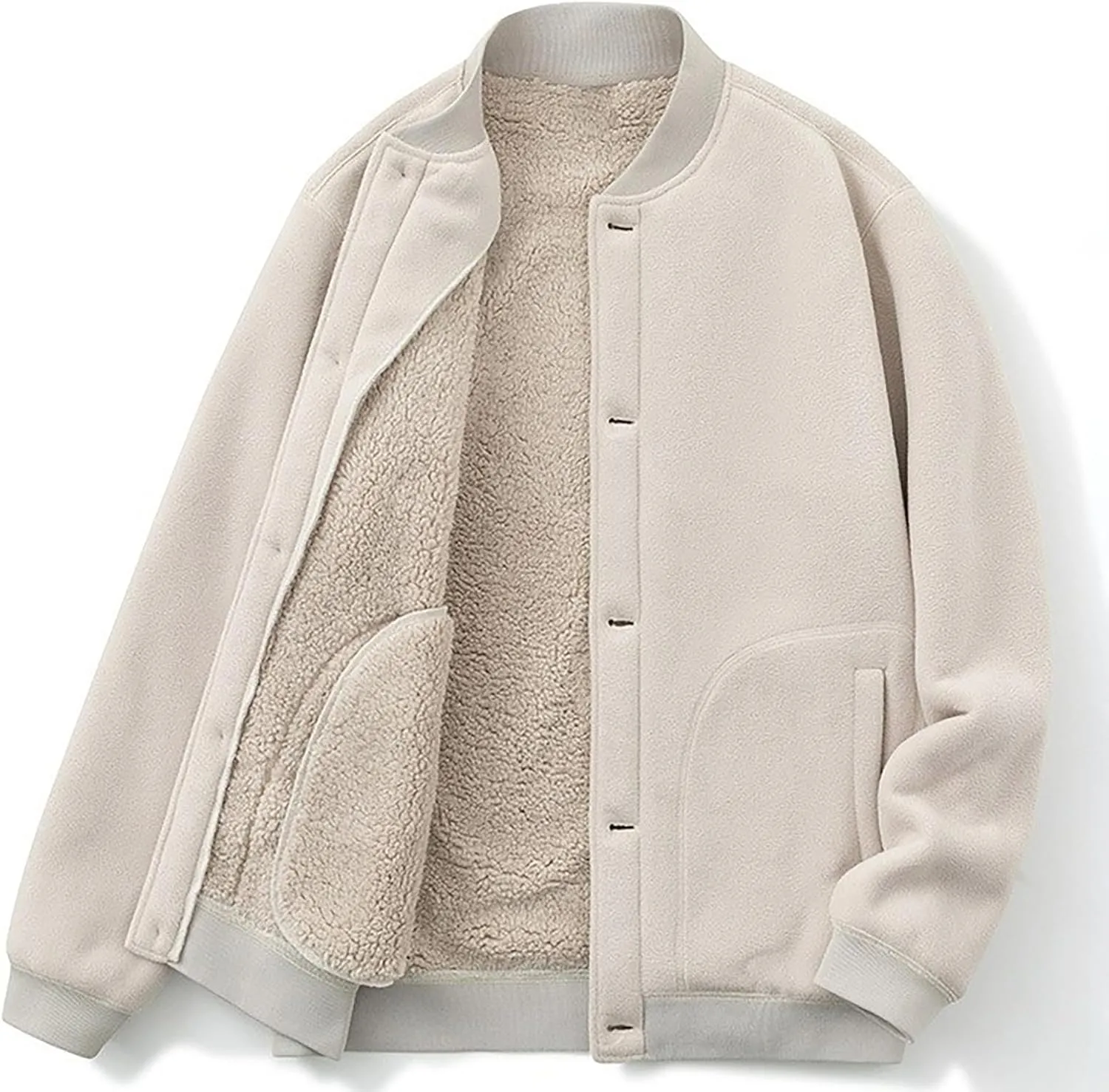 Mens Fleece Varsity Jackets Casual Winter Sherpa Lined Button Down Bomber Jackets College Baseball Coats Outwear
