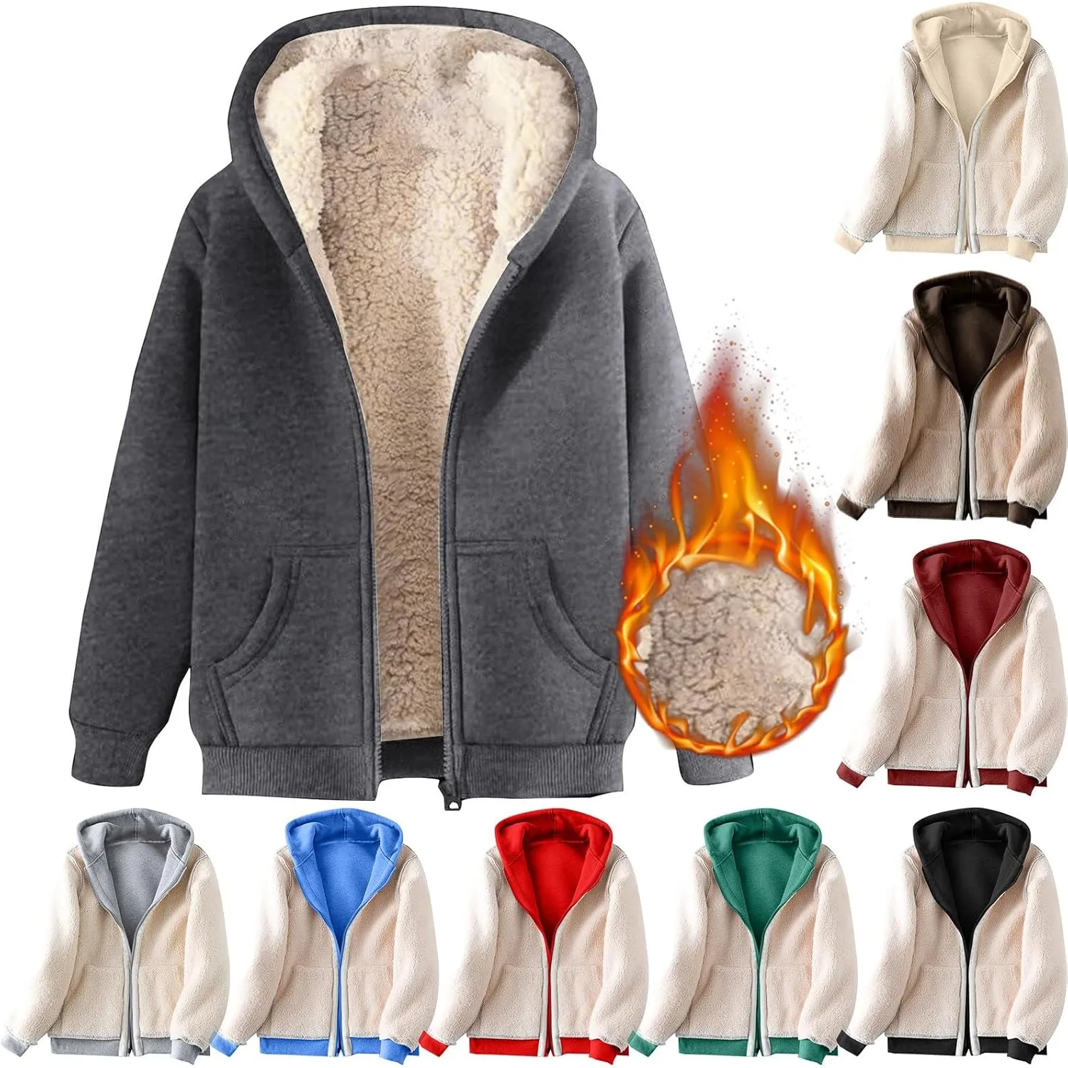 Men's Full Zip Fleece Hoodie Jacket Thickened Sherpa Lined Hooded Sweatshirt Warm Winter Coat Outerwear with Pockets
