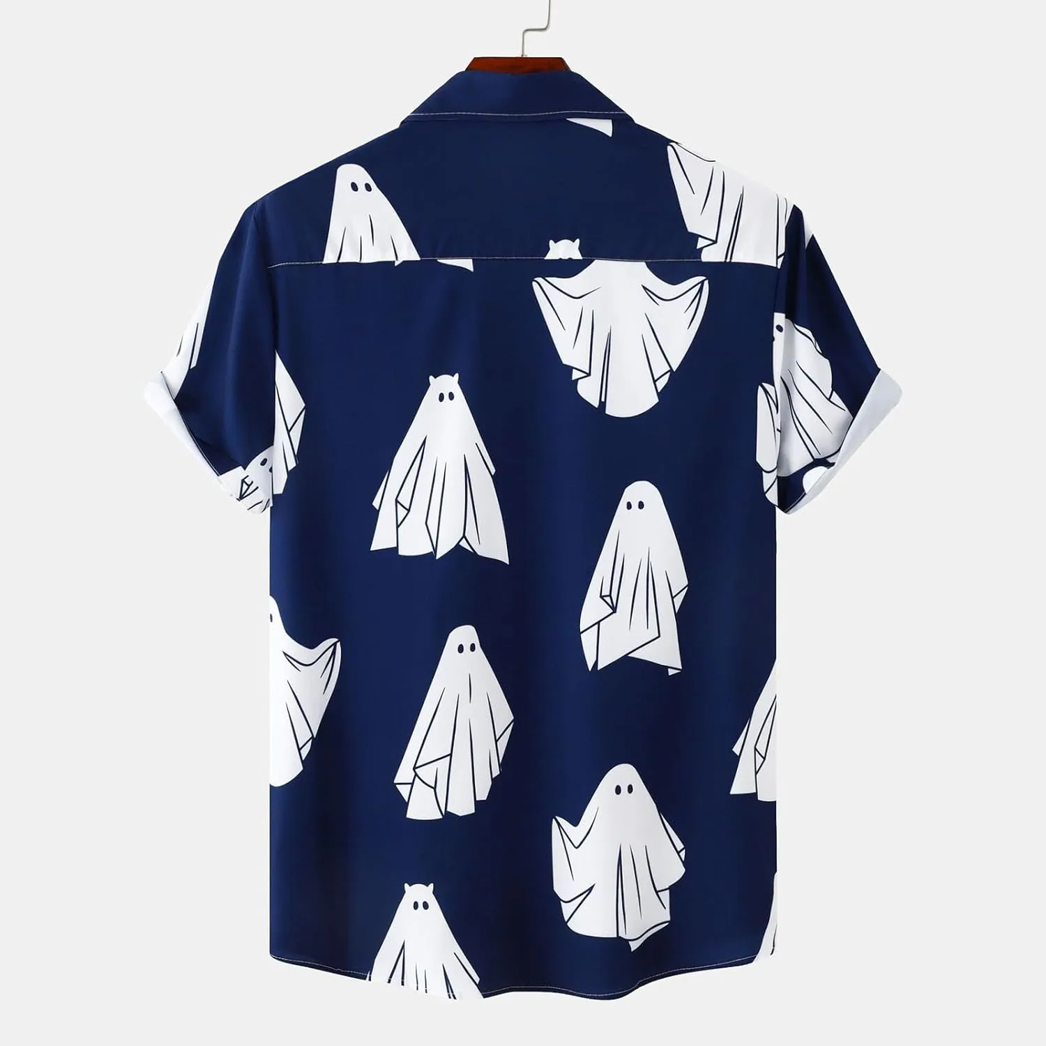 Men's Ghost Printed Button Down Shirts Funny Halloween Short Sleeve Dress Shirt Casual Loose Holiday Beach Party Tops