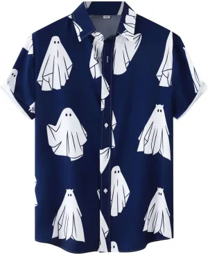 Men's Ghost Printed Button Down Shirts Funny Halloween Short Sleeve Dress Shirt Casual Loose Holiday Beach Party Tops