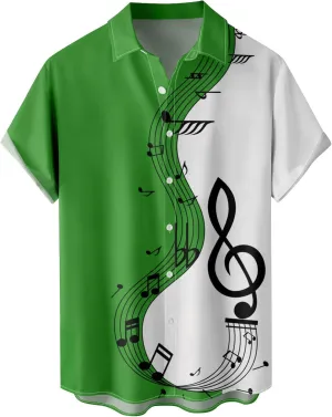 Mens Hawaiian Bowling Shirts Short Sleeve Casual Button Up Musical Note Printed Summer Beach Tropical Aloha Resort Shirts