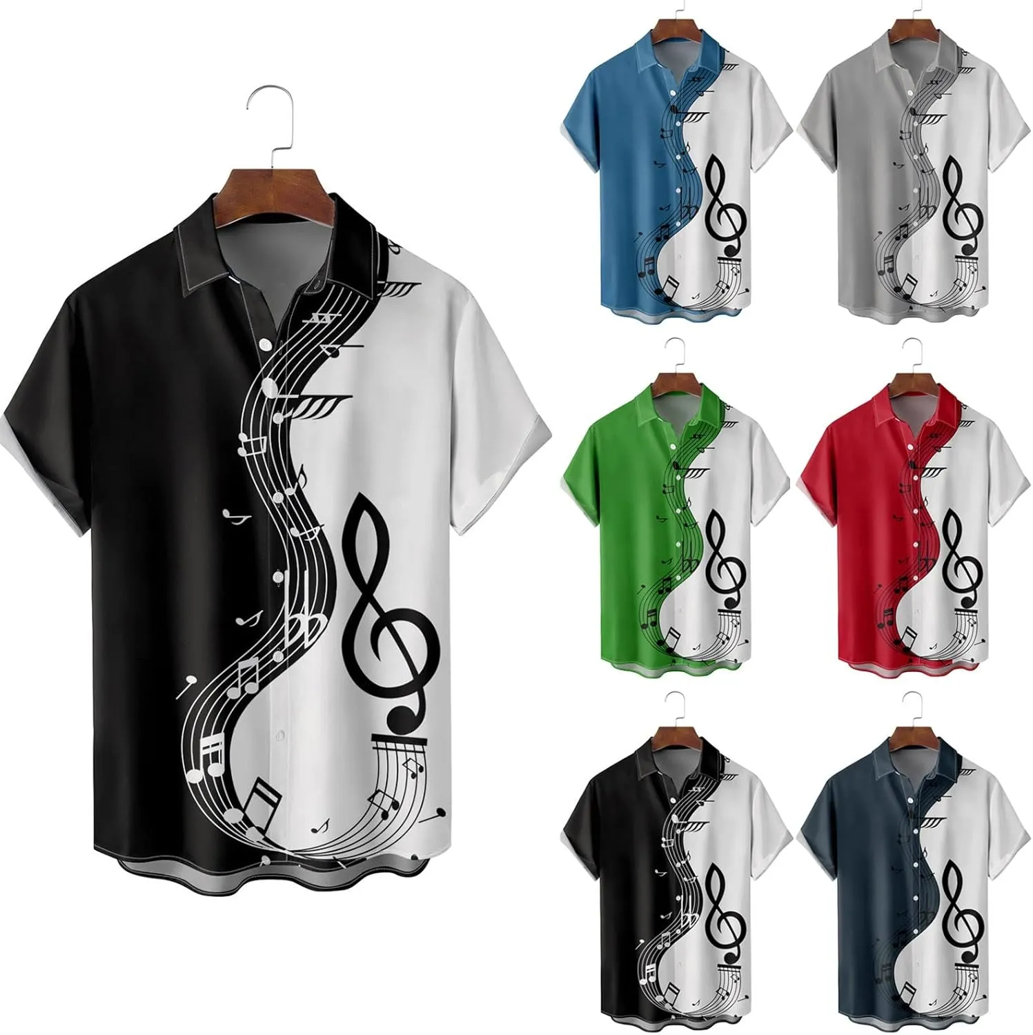 Mens Hawaiian Bowling Shirts Short Sleeve Casual Button Up Musical Note Printed Summer Beach Tropical Aloha Resort Shirts