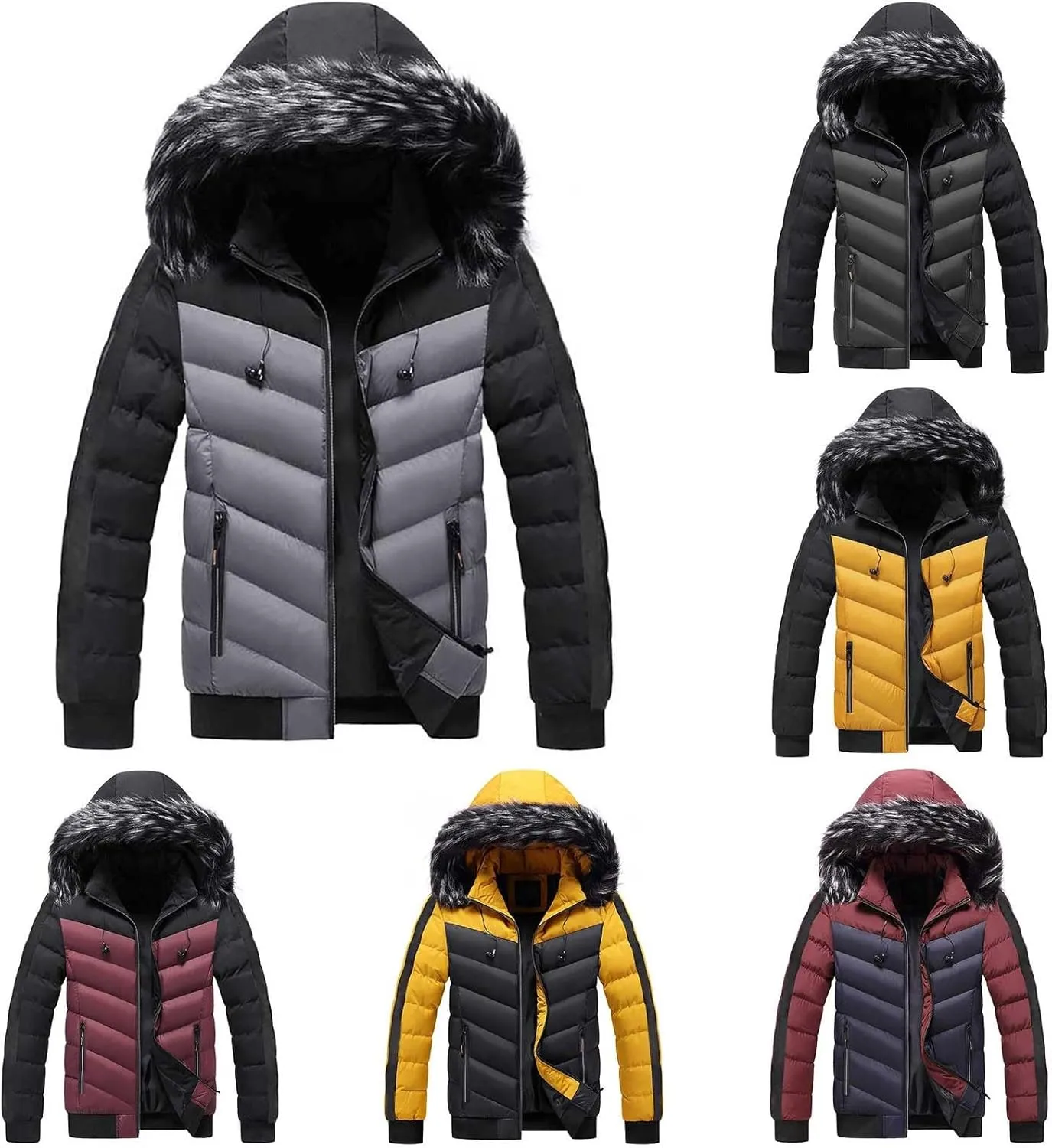 Mens Hooded Puffer Jacket Quilted Winter Warm Thicken Down Coat Faux Fur Collar Ski Parka Outwear with Removable Hood