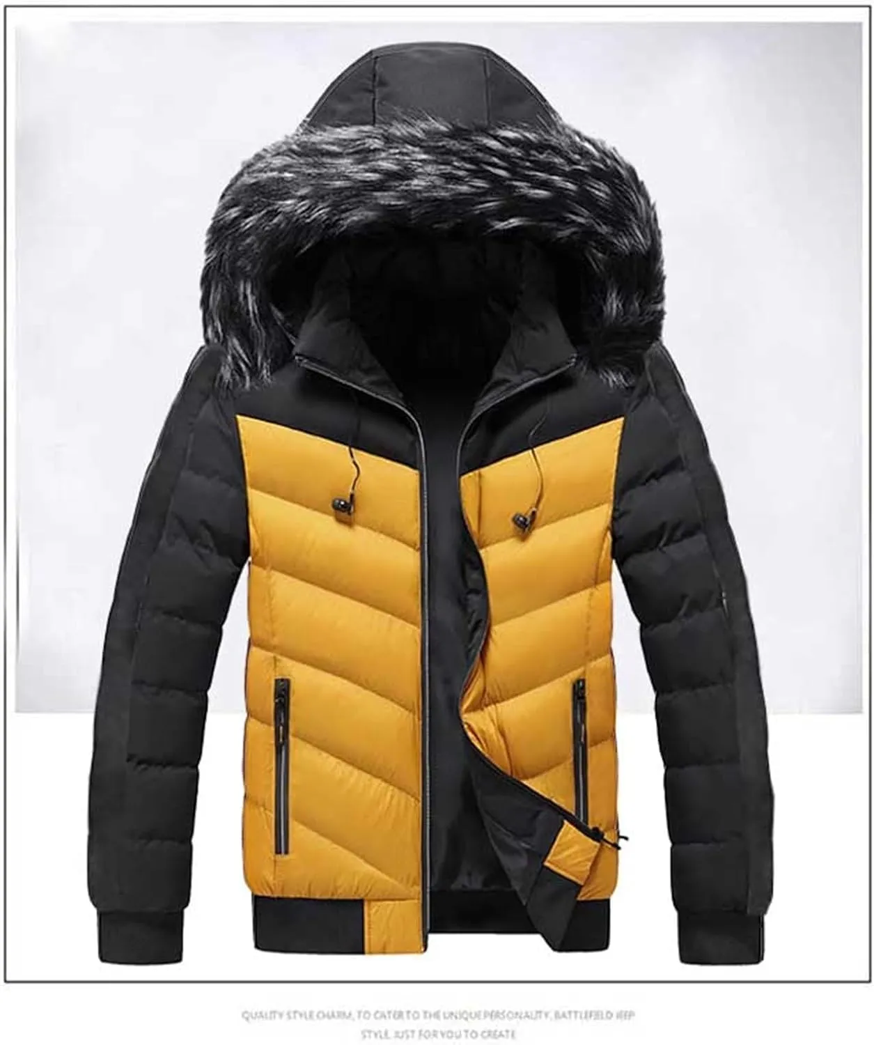 Mens Hooded Puffer Jacket Quilted Winter Warm Thicken Down Coat Faux Fur Collar Ski Parka Outwear with Removable Hood