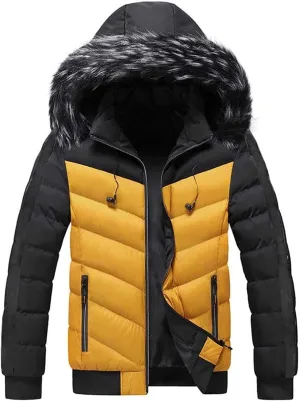 Mens Hooded Puffer Jacket Quilted Winter Warm Thicken Down Coat Faux Fur Collar Ski Parka Outwear with Removable Hood