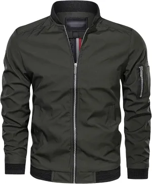 Men's Lightweight Baseball Bomber Jacket Full Zip Stand Collar Varsity Jackets Windproof Outdoor Windbreaker