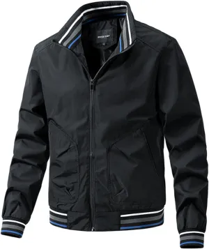 Men's Lightweight Full Zip Jacket Casual Fall Thin Coat Stand Collar Loose Contrast Softshell Windbreaker Elastic Hem
