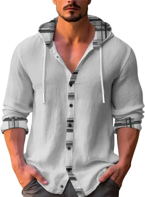 Men's Linen Casual Guayabera Shirts with Hood Lightweight Button V Neck Long Sleeve Hooded Sweatshirts Hawaiian Shirt