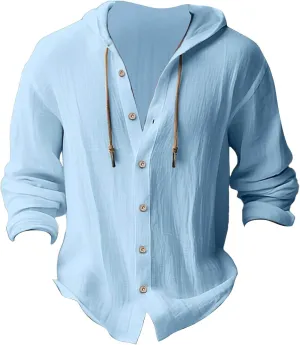 Men's Linen Casual Henley Shirts with Hood Lightweight Button V Neck Long Sleeve Hooded Sweatshirts Hippie Blouse