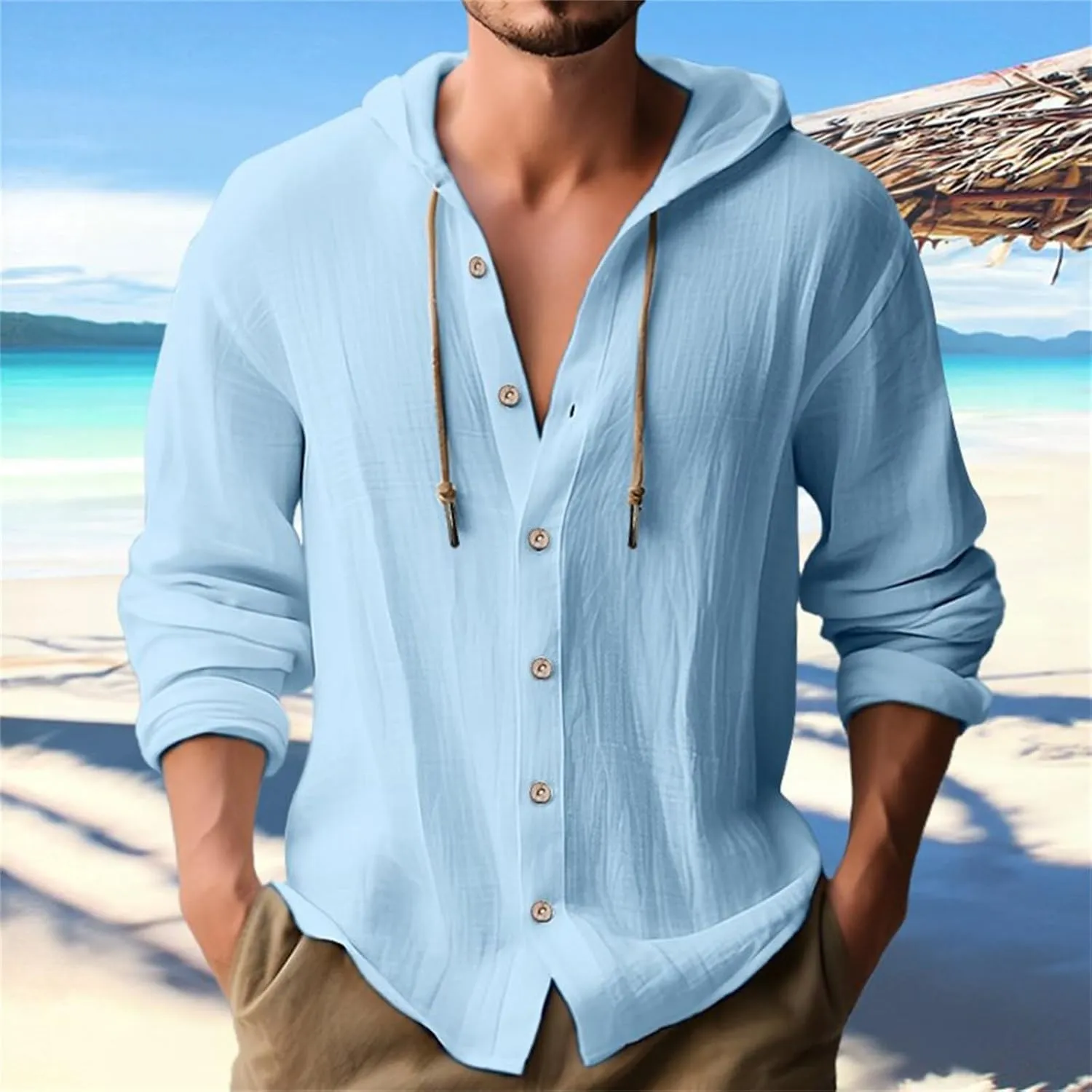 Men's Linen Casual Henley Shirts with Hood Lightweight Button V Neck Long Sleeve Hooded Sweatshirts Hippie Blouse