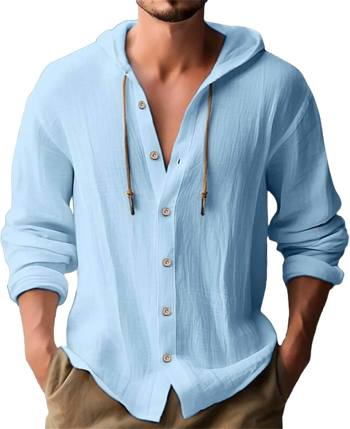 Men's Linen Casual Henley Shirts with Hood Lightweight Button V Neck Long Sleeve Hooded Sweatshirts Hippie Blouse