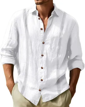 Mens Linen Shirts Long Sleeve Button Down Tops Loose Lapel Casual T-shirts Breathable Beach Tees Spring Summer Fall