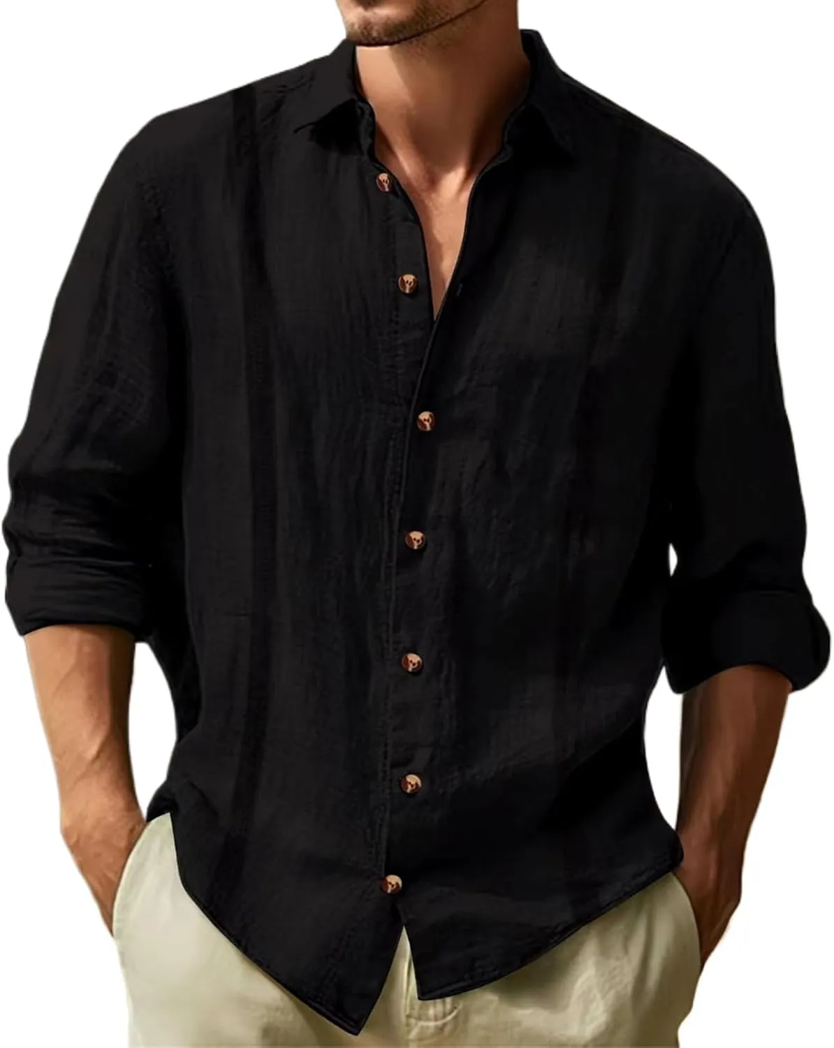 Mens Linen Shirts Long Sleeve Button Down Tops Loose Lapel Casual T-shirts Breathable Beach Tees Spring Summer Fall