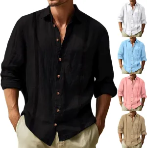 Mens Linen Shirts Long Sleeve Button Down Tops Loose Lapel Casual T-shirts Breathable Beach Tees Spring Summer Fall