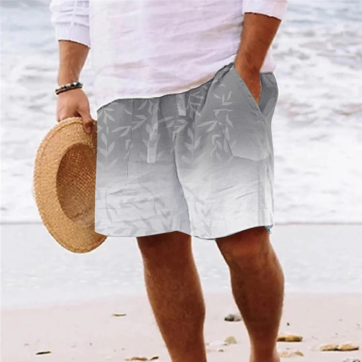 Men's Linen Shorts 2025 Summer Hawaii Travel Holiday Beach Pants Casual Elastic Waist Drawstring Clothes with Pockets