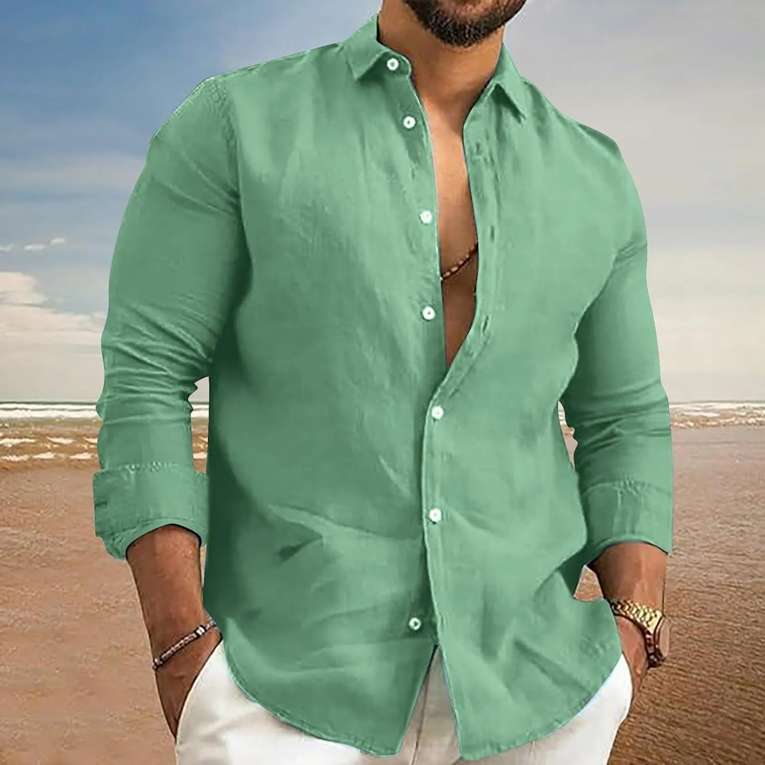 Men's Long Sleeve Button Down Dress Shirts Color Striped Business Casual Work Shirts Untucked Stretch Cuban Shirts