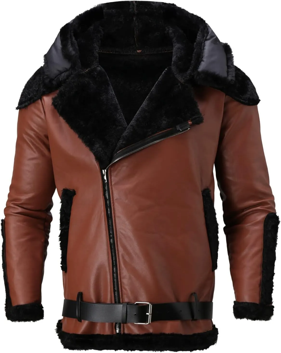 Mens PU Leather Hooded Jackets Windproof Thicken Fleece Lined Zip Up Winter Warm Biker Motorcycle Long Coat Outerwear