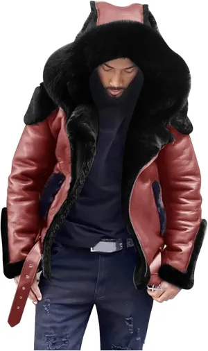 Mens PU Leather Hooded Jackets Windproof Thicken Fleece Lined Zip Up Winter Warm Biker Motorcycle Long Coat Outerwear