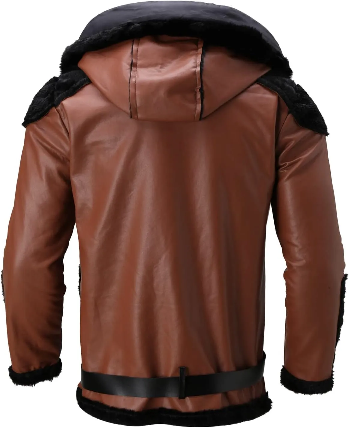 Mens PU Leather Hooded Jackets Windproof Thicken Fleece Lined Zip Up Winter Warm Biker Motorcycle Long Coat Outerwear