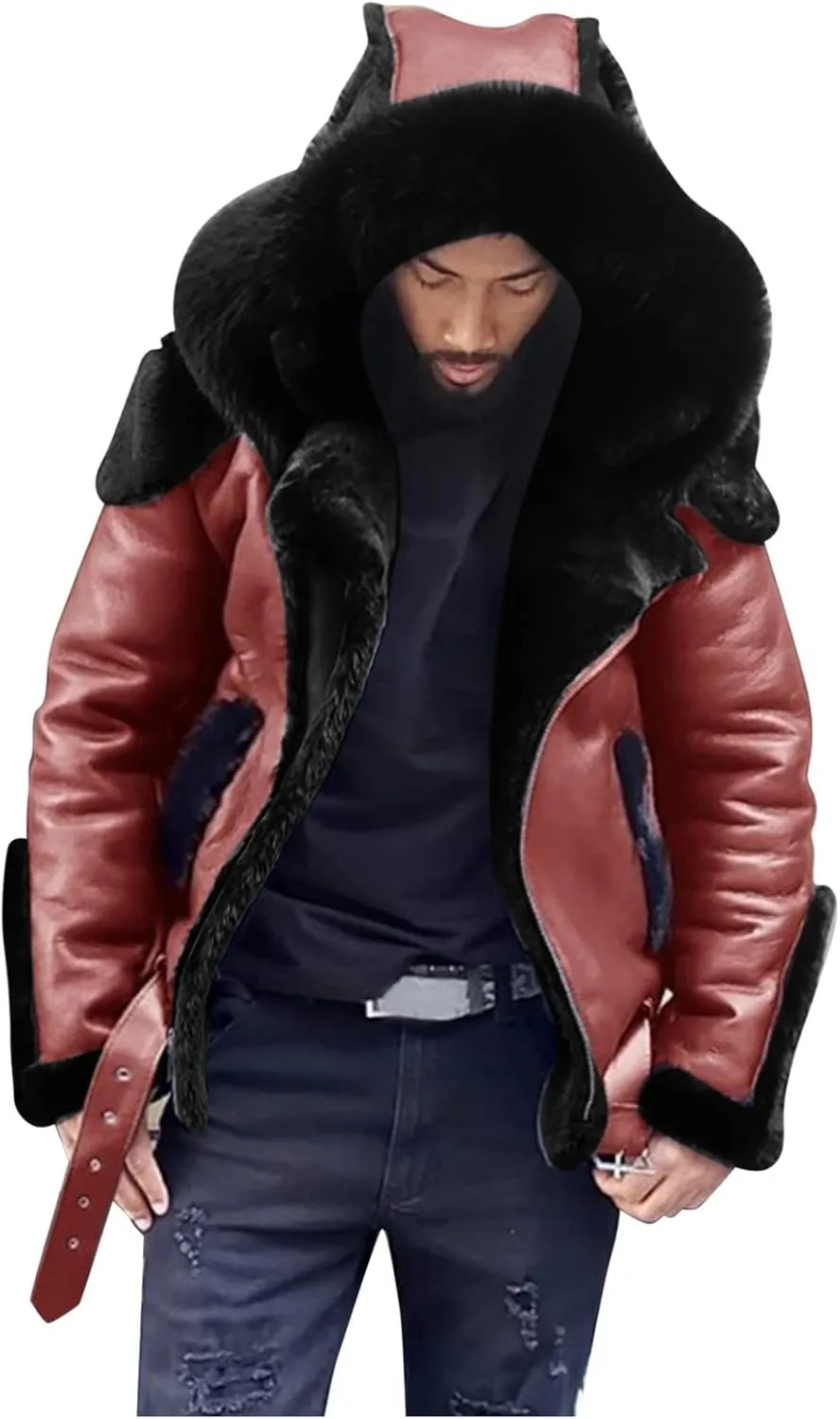 Mens PU Leather Hooded Jackets Windproof Thicken Fleece Lined Zip Up Winter Warm Biker Motorcycle Long Coat Outerwear