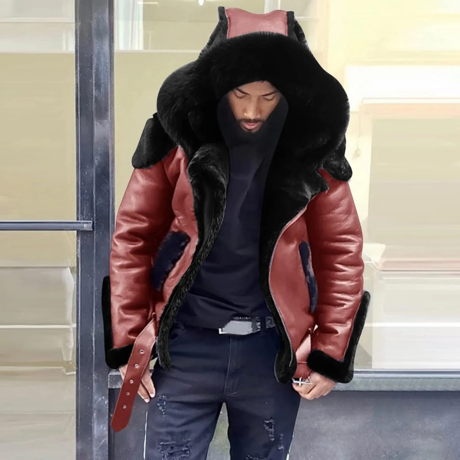 Mens PU Leather Hooded Jackets Windproof Thicken Fleece Lined Zip Up Winter Warm Biker Motorcycle Long Coat Outerwear