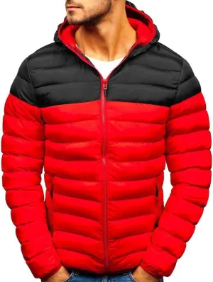 Men's Puffer Jacket Lightweight Hooded Windproof Winter Quilted Coat Stylish Color Block Full Zip Down Jacket Pockets