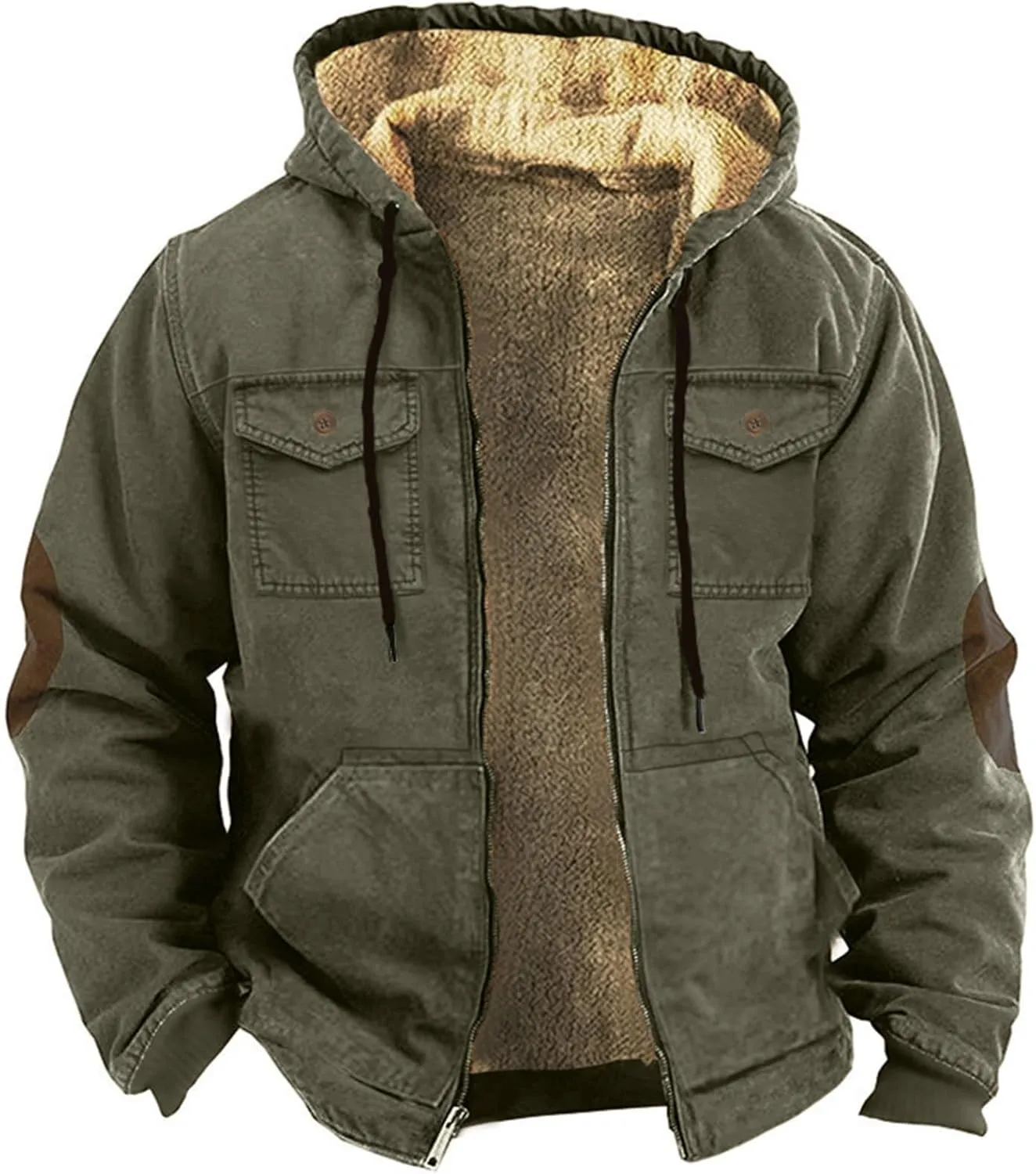 Mens Retro Fleece Lined Hooded Jackets Sherpa Thicken Winter Hoodies Full Zip Long Sleeve Soft Warm Coat with Pockets