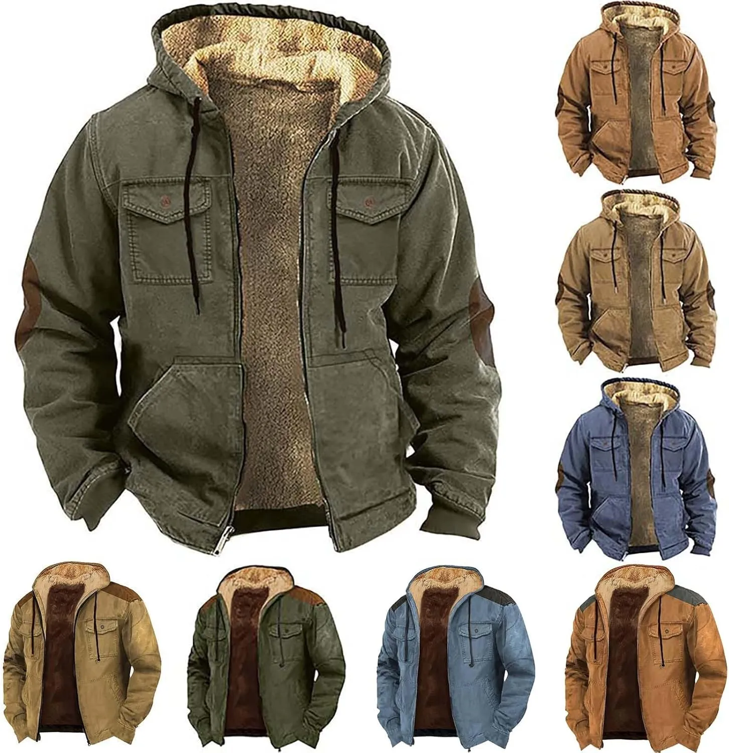 Mens Retro Fleece Lined Hooded Jackets Sherpa Thicken Winter Hoodies Full Zip Long Sleeve Soft Warm Coat with Pockets