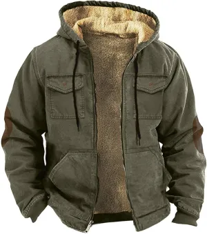 Mens Retro Fleece Lined Hooded Jackets Sherpa Thicken Winter Hoodies Full Zip Long Sleeve Soft Warm Coat with Pockets