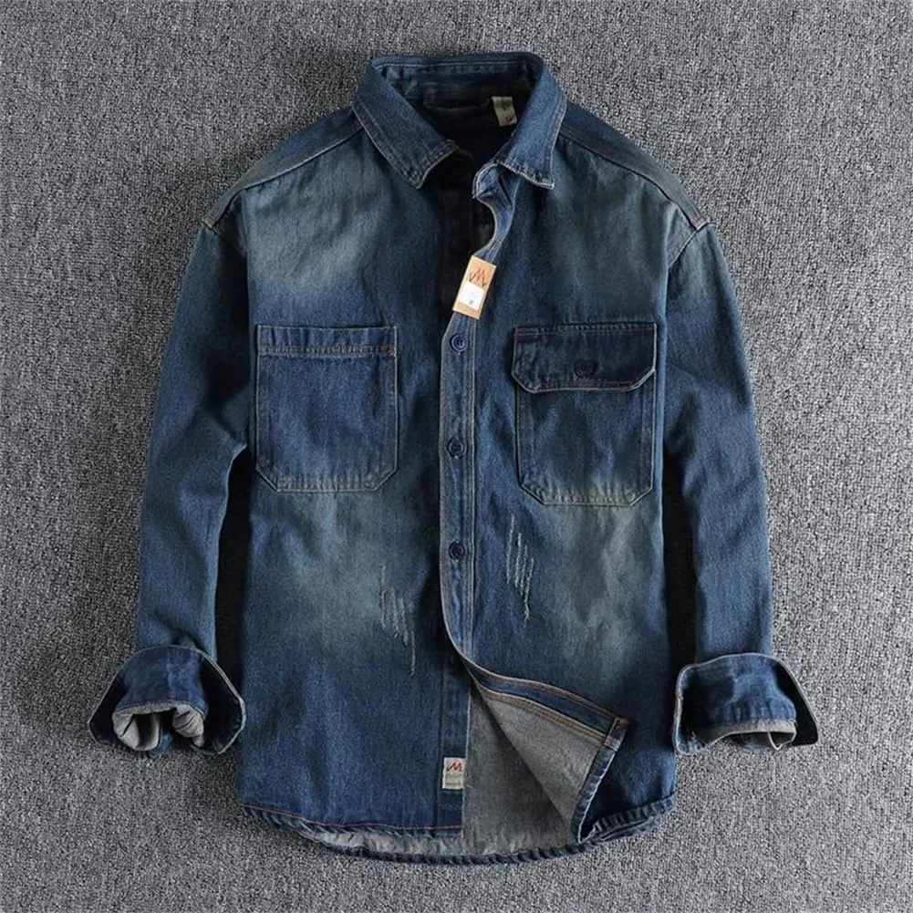 Mens Retro Heavy Old Washed Vintage Jeans Shirt Pocket Youth Shirt Jacket Long Sleeve Denim Shirts