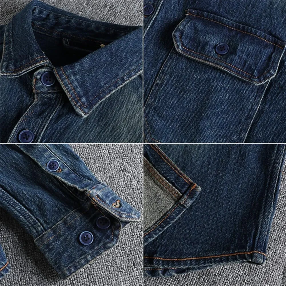 Mens Retro Heavy Old Washed Vintage Jeans Shirt Pocket Youth Shirt Jacket Long Sleeve Denim Shirts