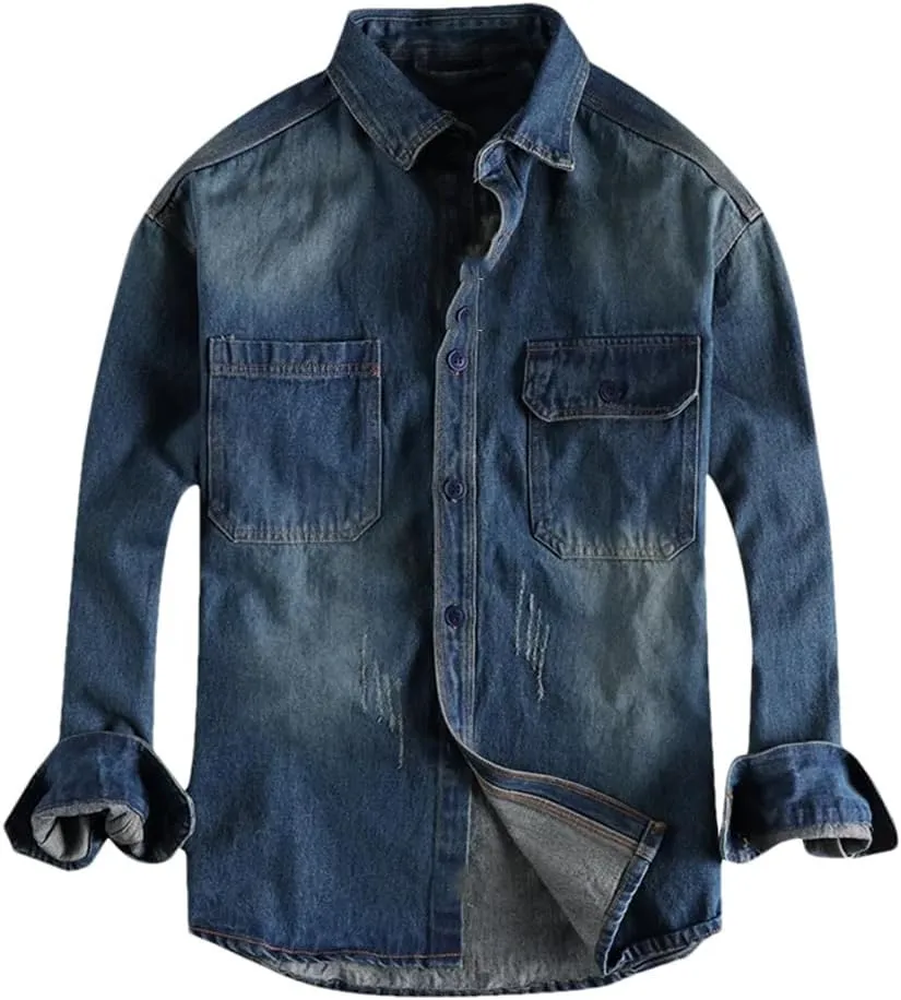 Mens Retro Heavy Old Washed Vintage Jeans Shirt Pocket Youth Shirt Jacket Long Sleeve Denim Shirts
