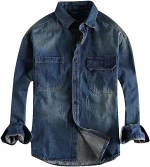 Mens Retro Heavy Old Washed Vintage Jeans Shirt Pocket Youth Shirt Jacket Long Sleeve Denim Shirts