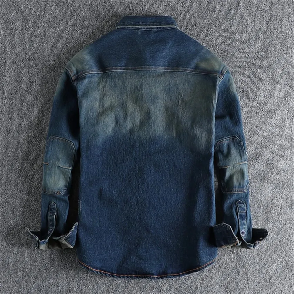 Mens Retro Heavy Old Washed Vintage Jeans Shirt Pocket Youth Shirt Jacket Long Sleeve Denim Shirts